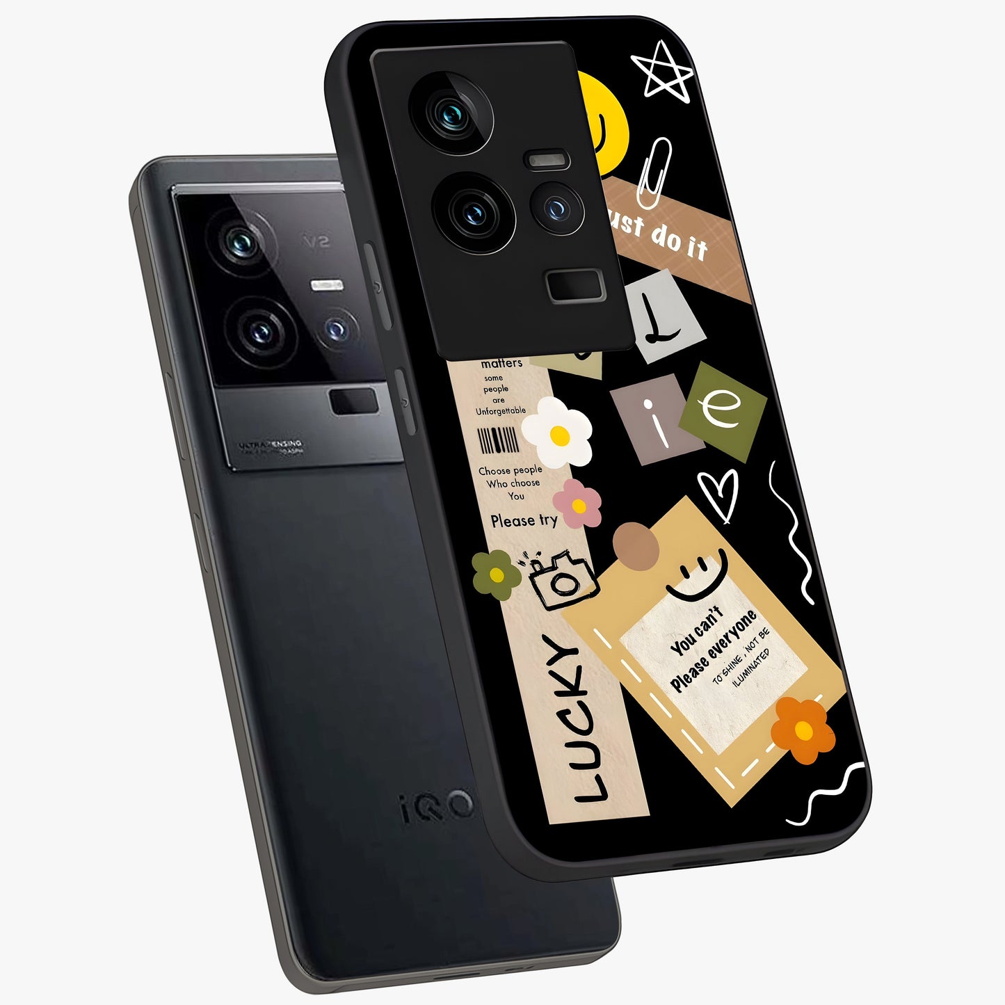 Lucky Aesthetic Collage Glass Case displayed in angled mockup highlighting stylish collage pattern with modern aesthetic vibe.