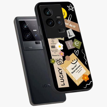 Lucky Aesthetic Collage Glass Case displayed in angled mockup highlighting stylish collage pattern with modern aesthetic vibe.