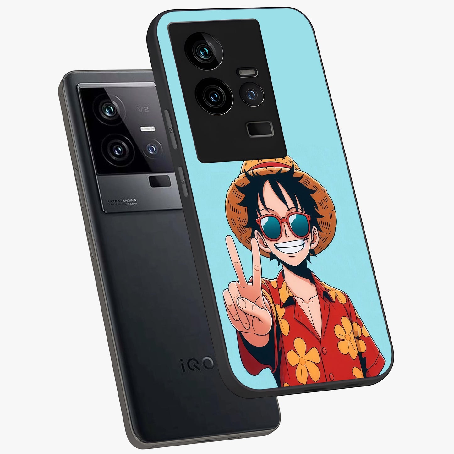 Luffy Summer Anime Vibe Glass Case displayed in angled mockup highlighting energetic anime illustration with summer vibe aesthetic.