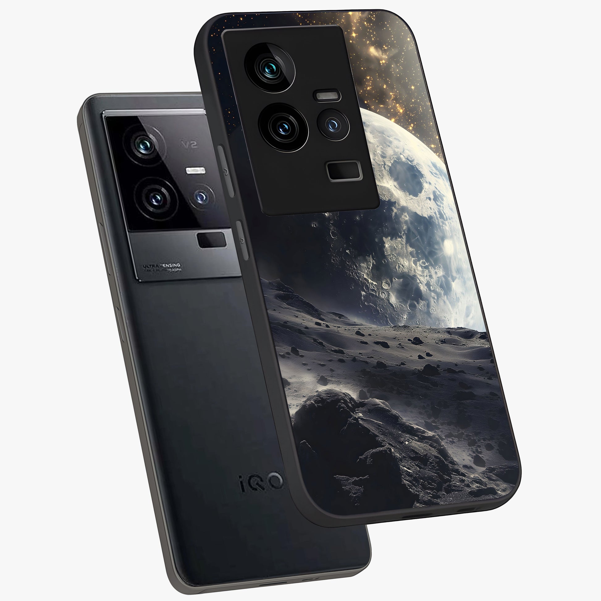 Lunar Horizon Glow Glass Case displayed in angled mockup highlighting celestial moon design with dreamy night aesthetic.