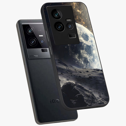 Lunar Horizon Glow Glass Case displayed in angled mockup highlighting celestial moon design with dreamy night aesthetic.