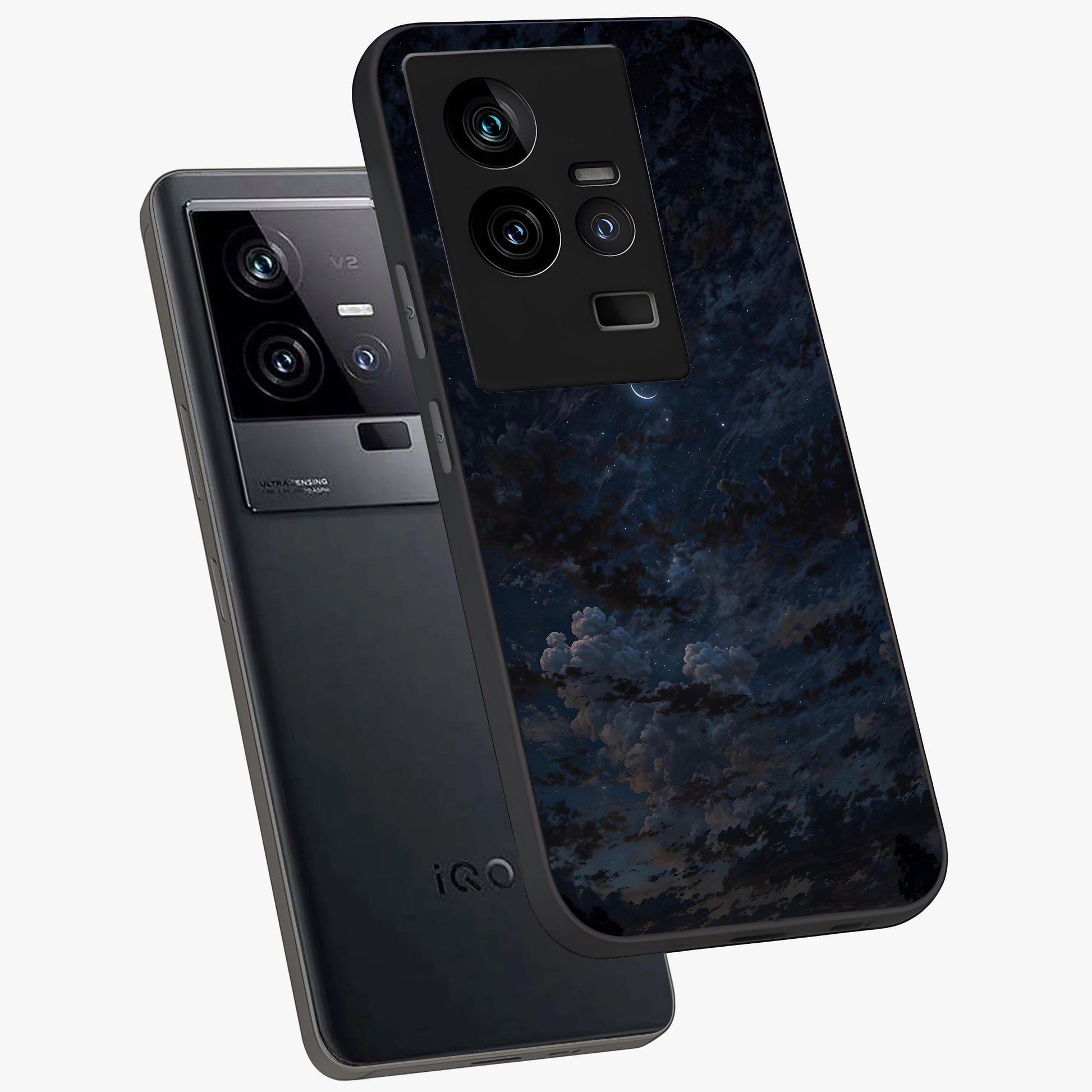 Lunar Veil Silence Glass Case displayed in angled mockup highlighting soft lunar design with peaceful celestial aesthetic.