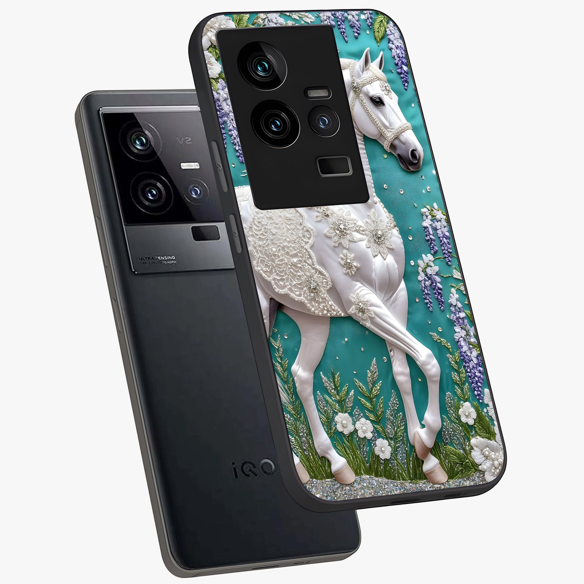 Majestic Floral Stallion Glass Case displayed in angled mockup highlighting majestic stallion illustration with elegant floral aesthetic.