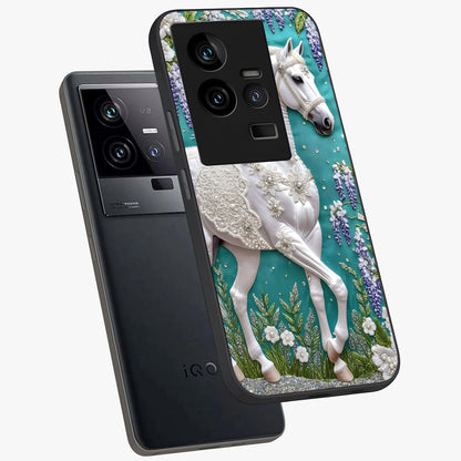Majestic Floral Stallion Glass Case displayed in angled mockup highlighting majestic stallion illustration with elegant floral aesthetic.