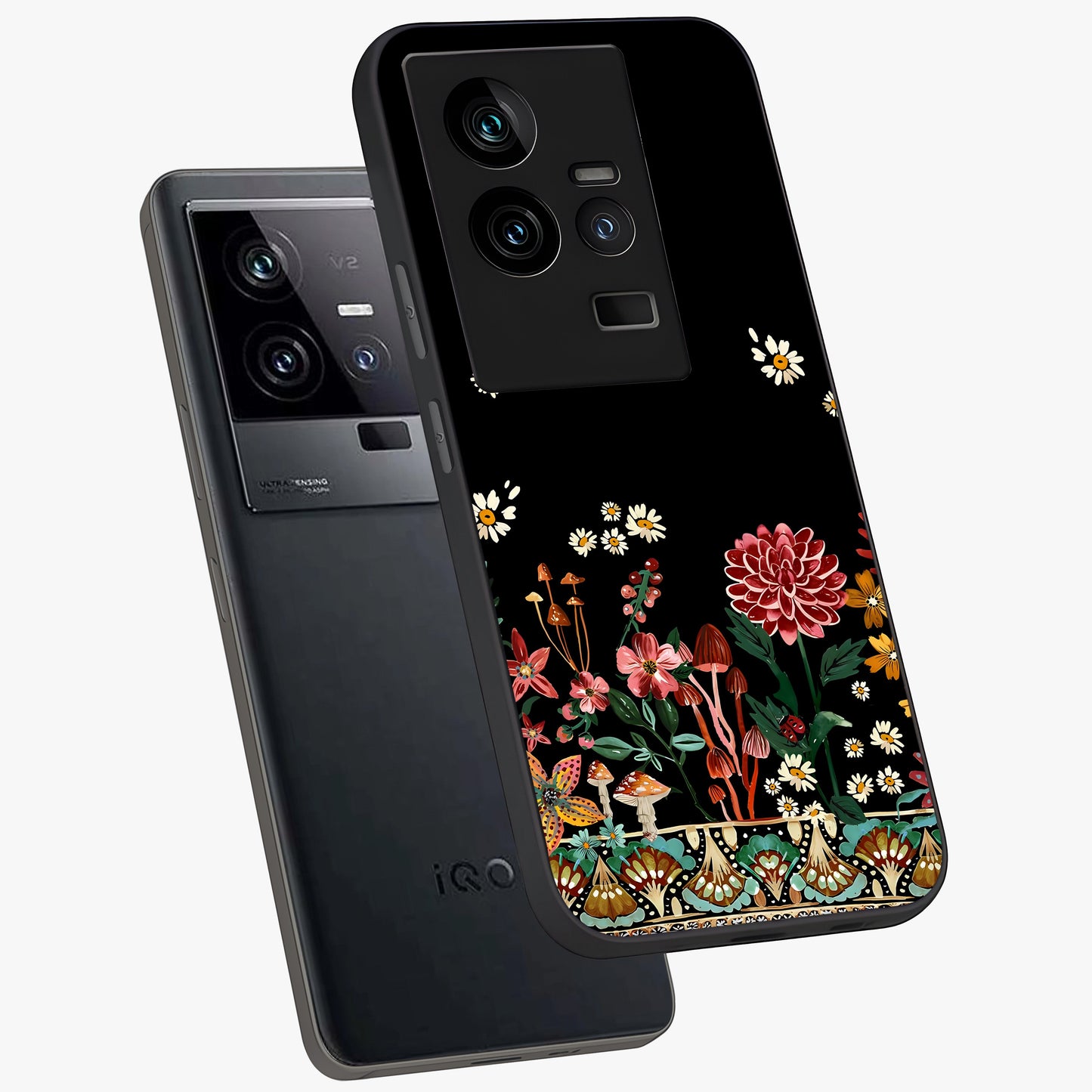 Midnight Bloom Pattern Glass Case displayed in angled mockup highlighting elegant flower design with midnight aesthetic style.