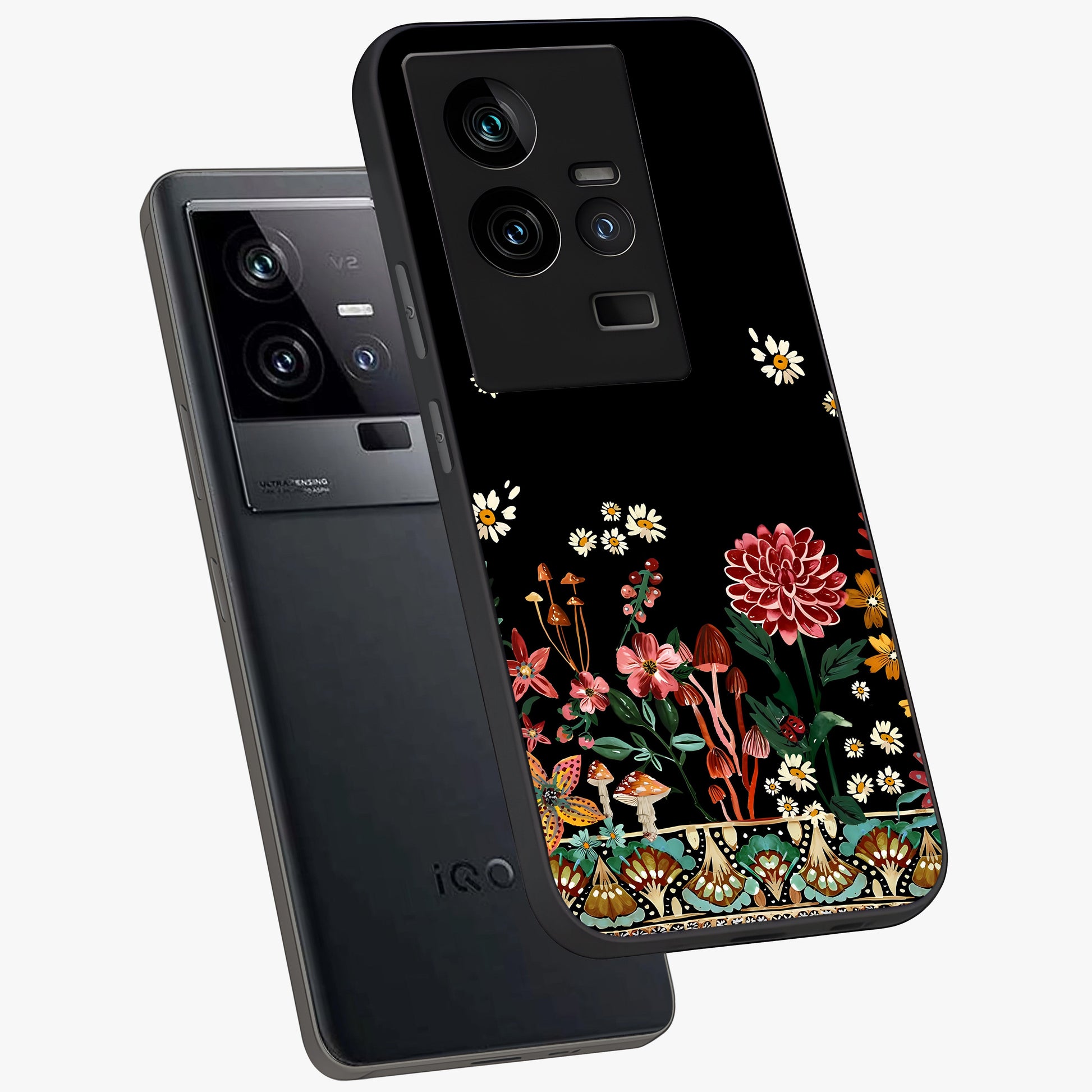 Midnight Bloom Pattern Glass Case displayed in angled mockup highlighting elegant flower design with midnight aesthetic style.