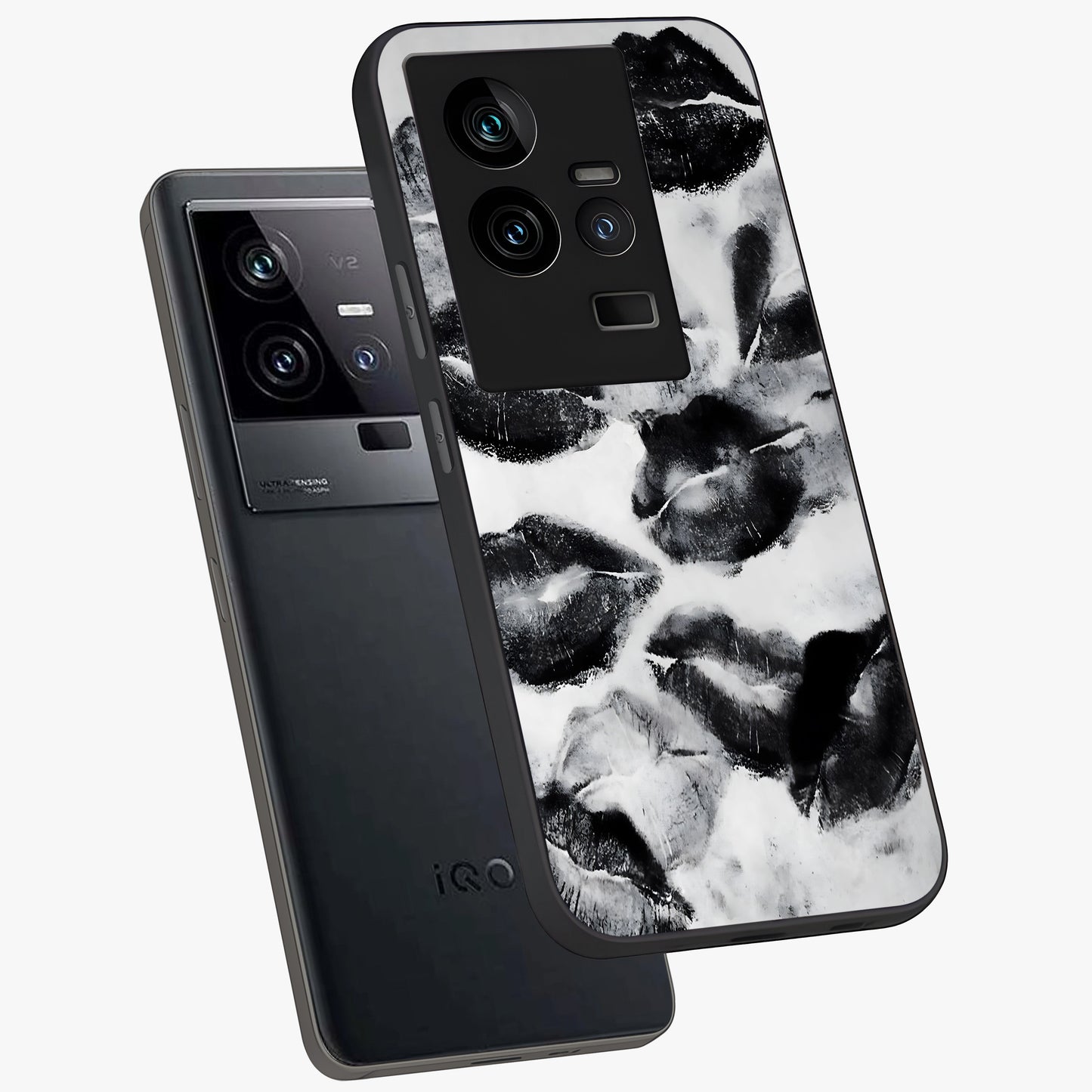 Midnight Kiss Marks Glass Case displayed in angled mockup highlighting playful romantic design with bold midnight aesthetic.