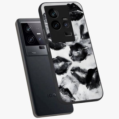 Midnight Kiss Marks Glass Case displayed in angled mockup highlighting playful romantic design with bold midnight aesthetic.
