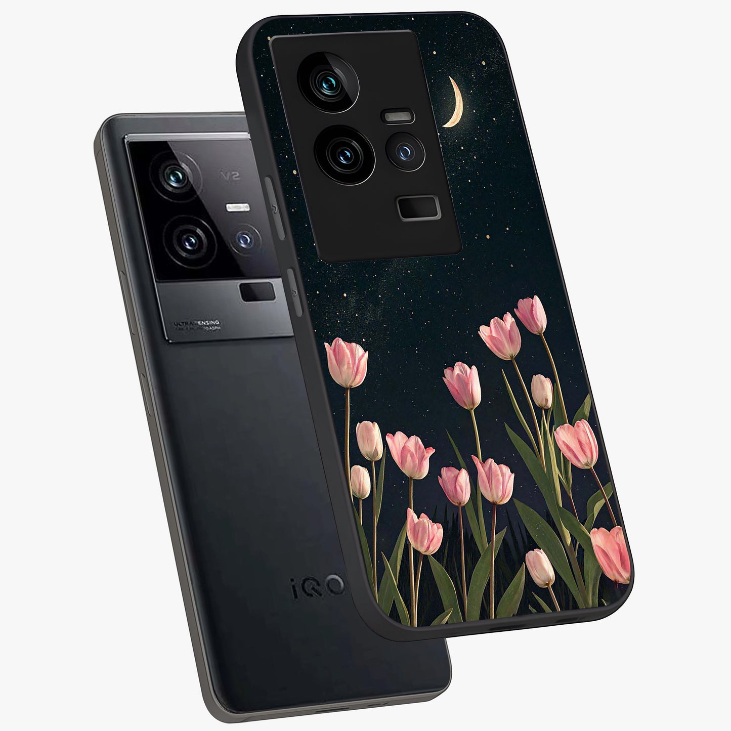 Midnight Tulip Whispers Vibe Glass Case displayed in angled mockup highlighting delicate tulip design with midnight floral aesthetic.