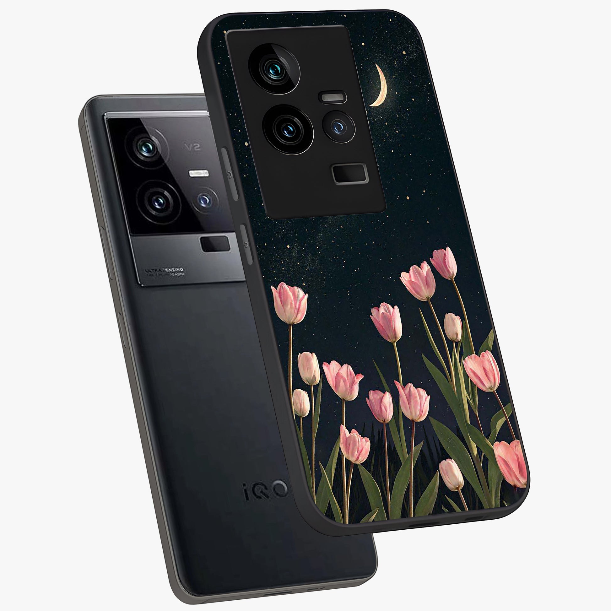 Midnight Tulip Whispers Vibe Glass Case displayed in angled mockup highlighting delicate tulip design with midnight floral aesthetic.