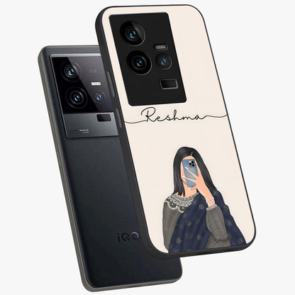 Mirror Mood Muse With Custom Name Glass Case displayed in angled mockup highlighting aesthetic mirror inspired design with custom name feature.