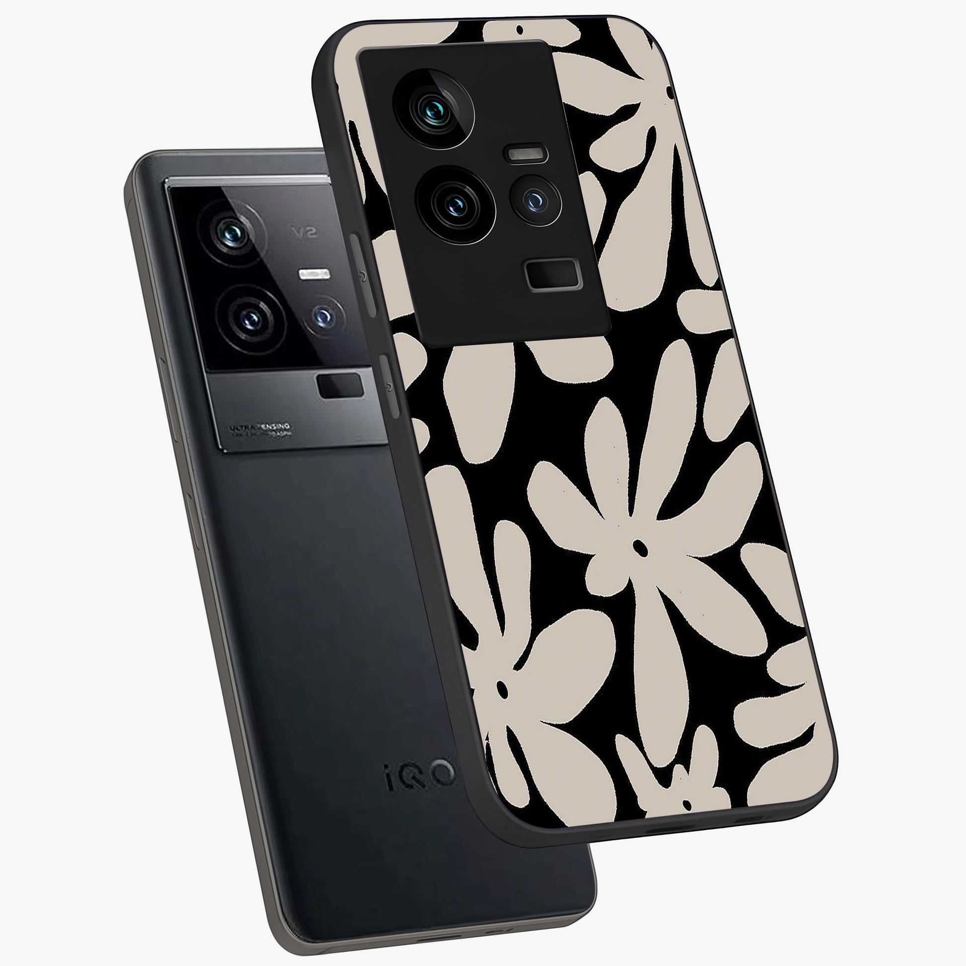 Monochrome Petal Dance Glass Case displayed in angled mockup highlighting elegant petal design with black and white aesthetic.