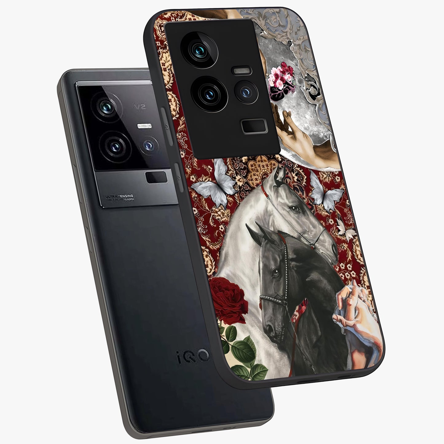 Moonlit Royal Stallion Glass Case displayed in angled mockup highlighting powerful stallion illustration with royal night aesthetic.