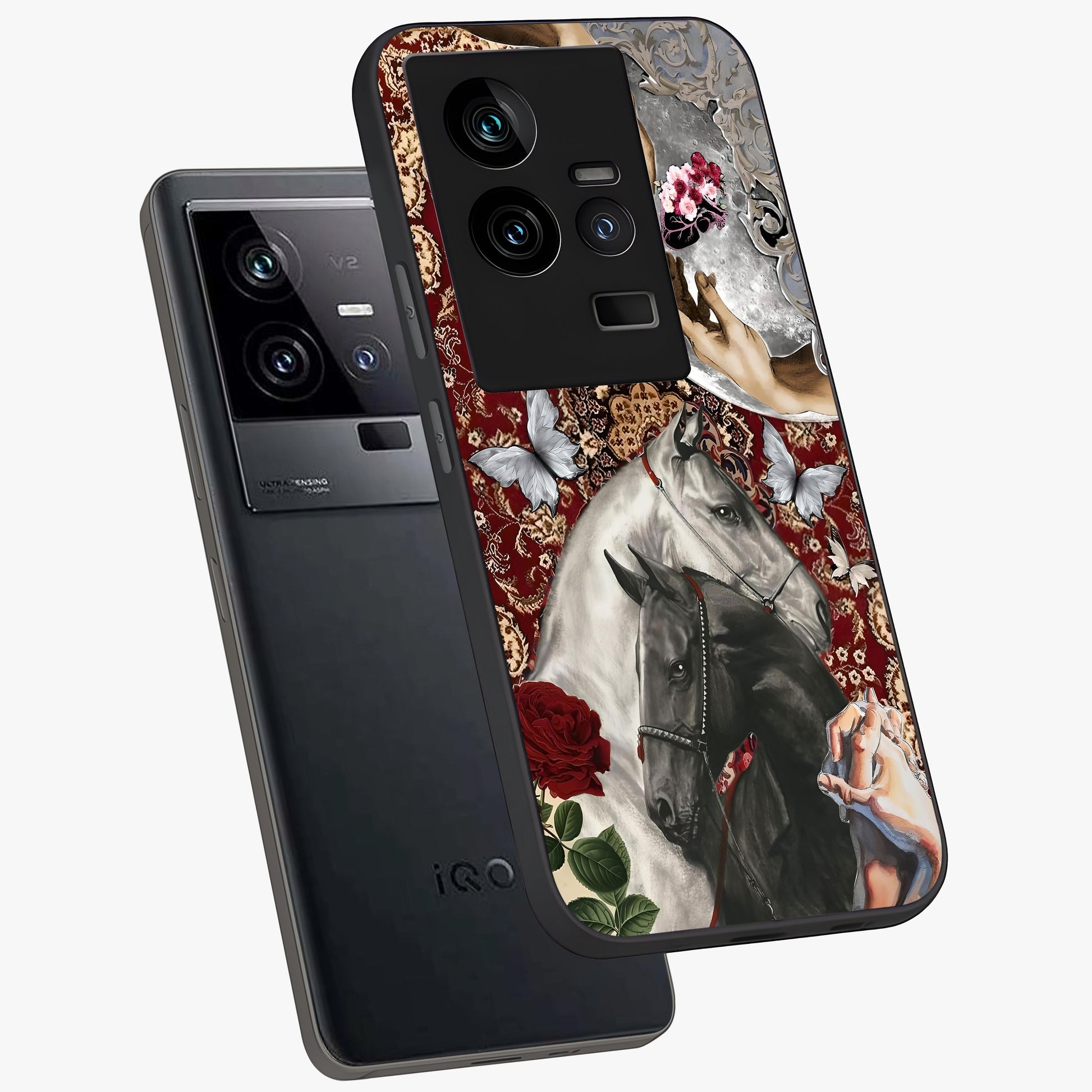 Moonlit Royal Stallion Glass Case displayed in angled mockup highlighting powerful stallion illustration with royal night aesthetic.