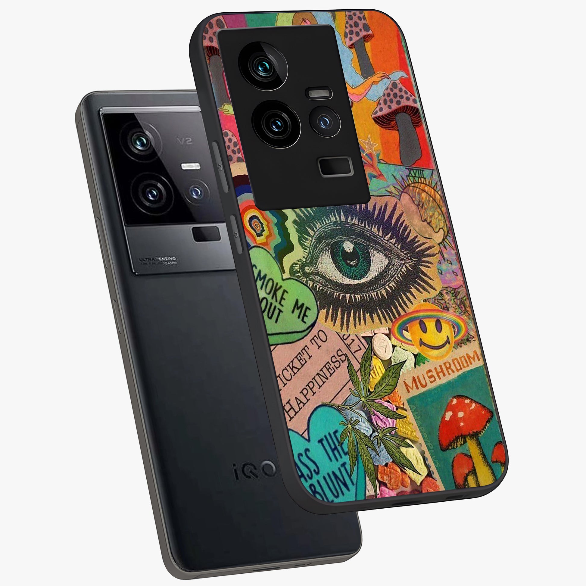 Mystic Eye Wonderland Glass Case displayed in angled mockup highlighting magical eye illustration with dreamy aesthetic.