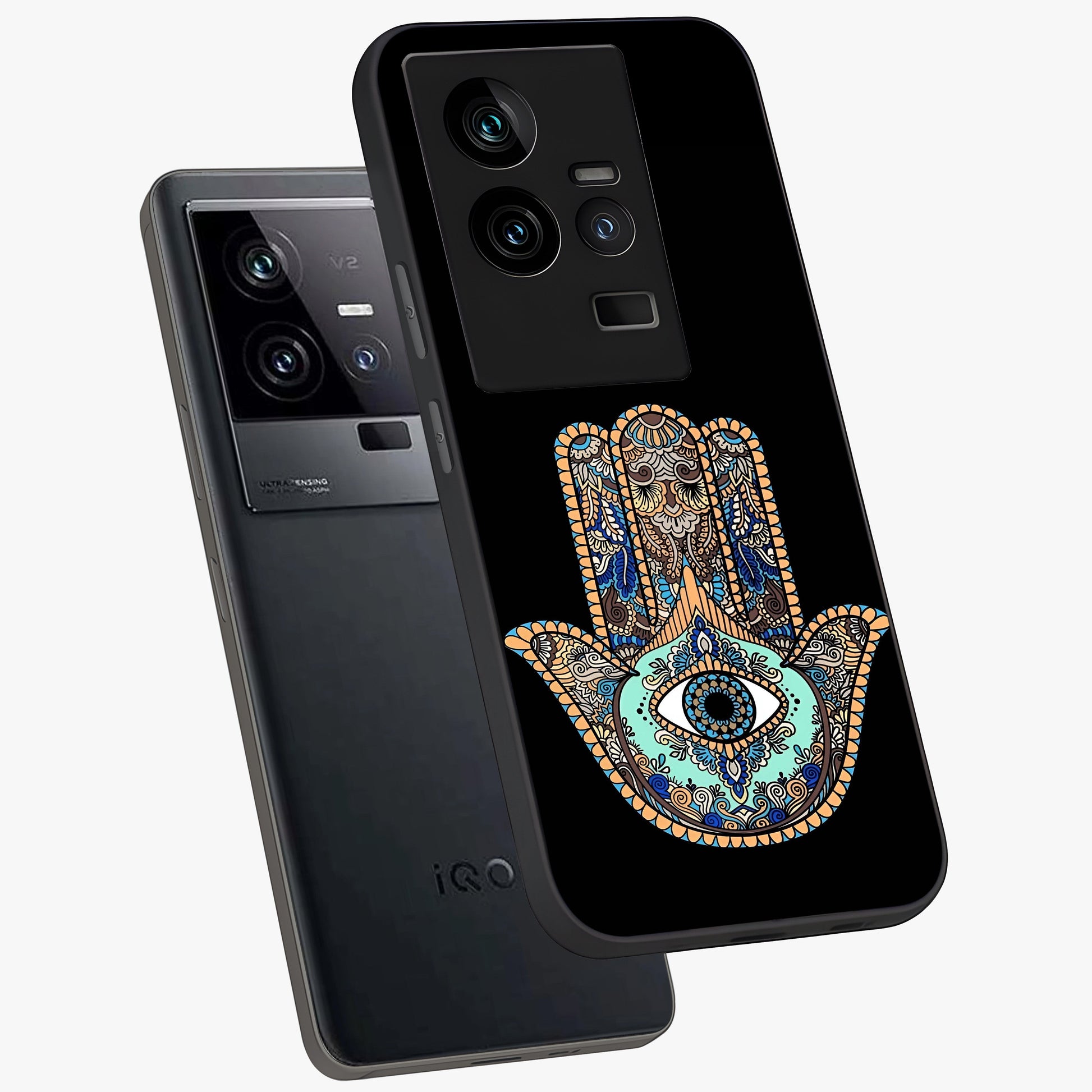Mystic Hamsa Eye Glass Case displayed in angled mockup highlighting spiritual hamsa symbol with mystical aesthetic style.