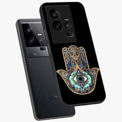 Mystic Hamsa Eye Glass Case displayed in angled mockup highlighting spiritual hamsa symbol with mystical aesthetic style.