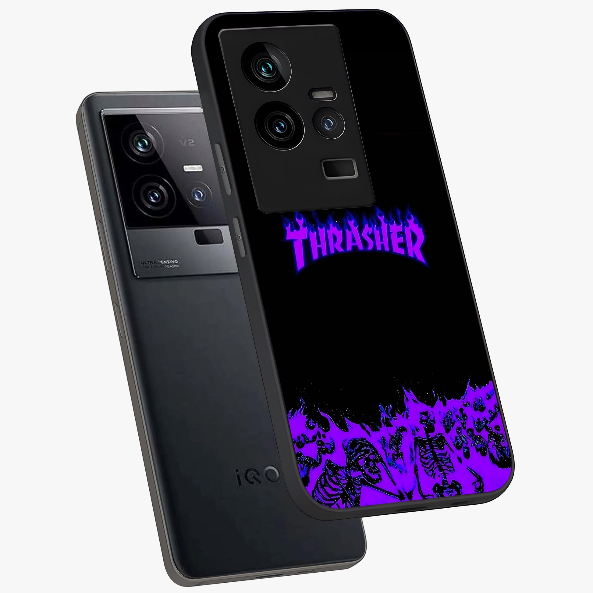 Neon Flame Riot Glass Case displayed in angled mockup highlighting glowing flame design with vibrant neon aesthetic.