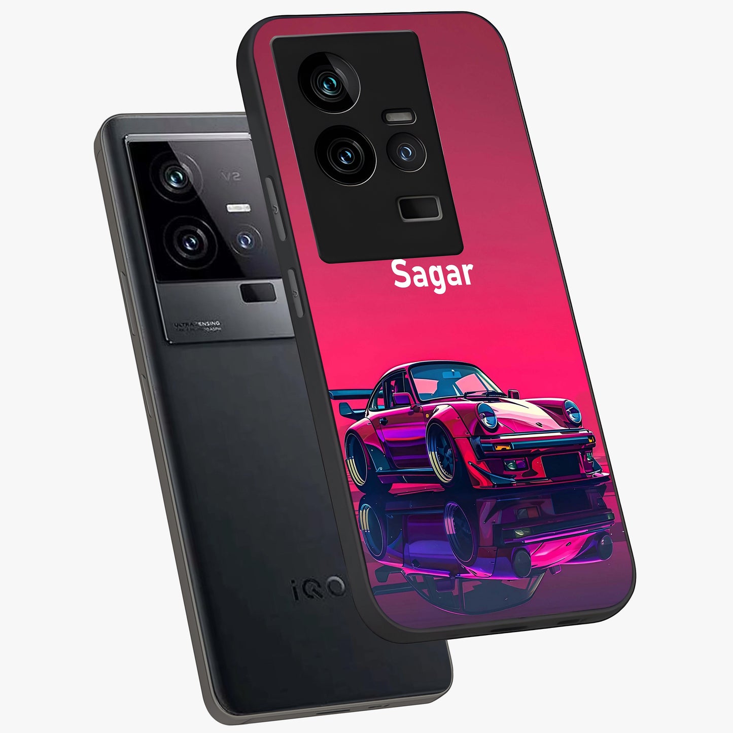 Neon Pink Porsche Glass Case displayed in angled mockup highlighting sleek neon pink car design with racing aesthetic.