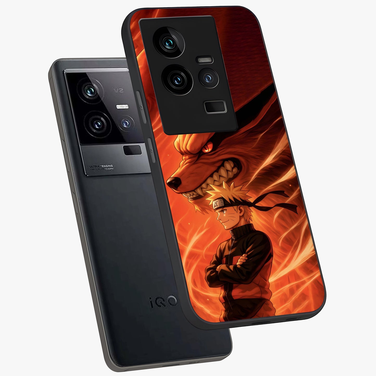 Nine Tails Legacy Glass Case displayed in angled mockup highlighting dynamic anime beast illustration with bold mystical aesthetic.