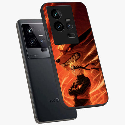 Nine Tails Legacy Glass Case displayed in angled mockup highlighting dynamic anime beast illustration with bold mystical aesthetic.