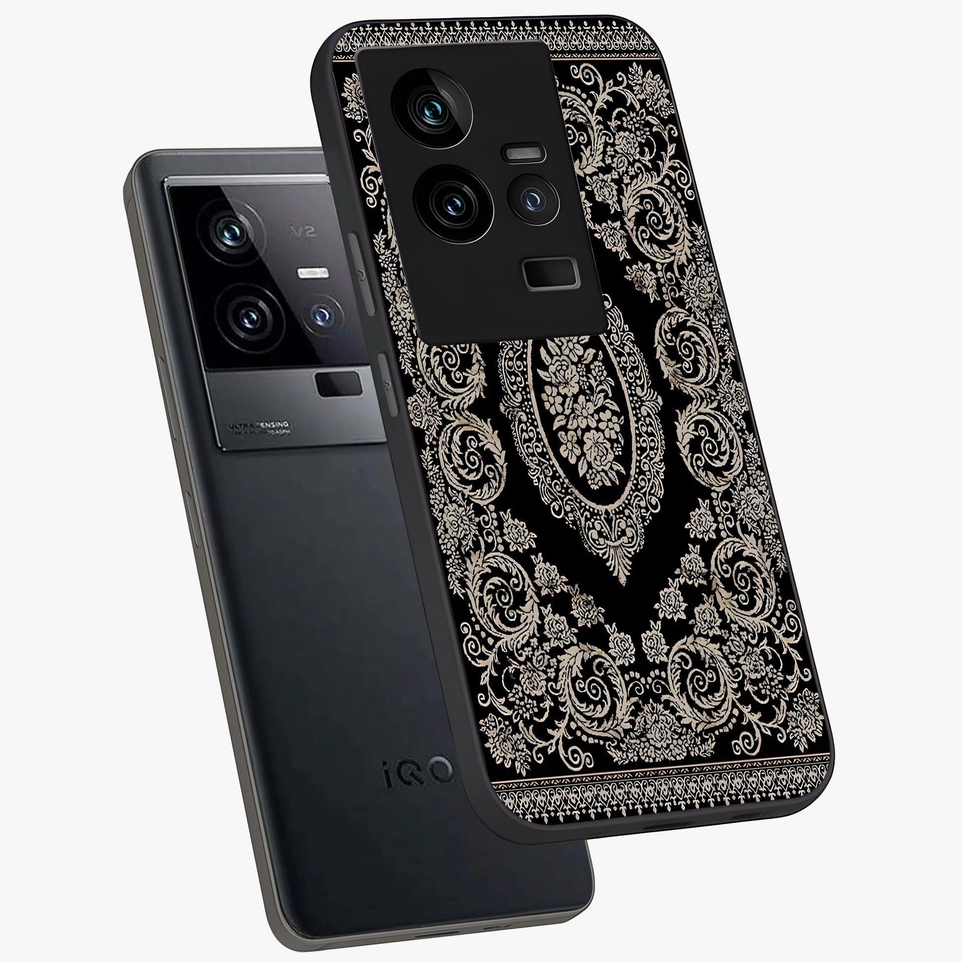 Noir Bloom Elegance Glass Case displayed in angled mockup highlighting refined flower design with stylish noir aesthetic.