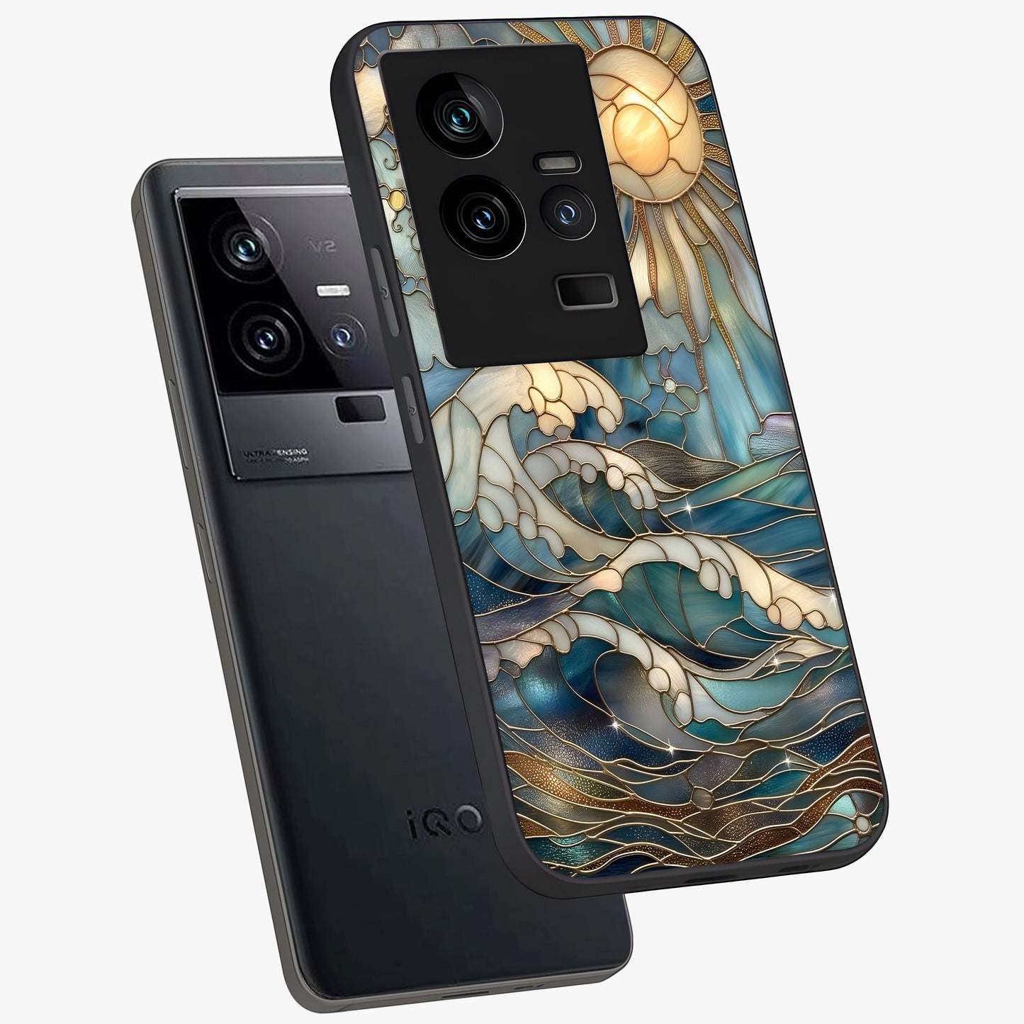 Oceanic Stained Printed Glass Case displayed in angled mockup highlighting colorful aquatic design with artistic aesthetic style.