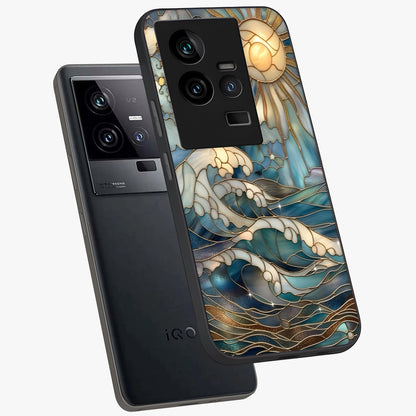 Oceanic Stained Printed Glass Case displayed in angled mockup highlighting colorful aquatic design with artistic aesthetic style.