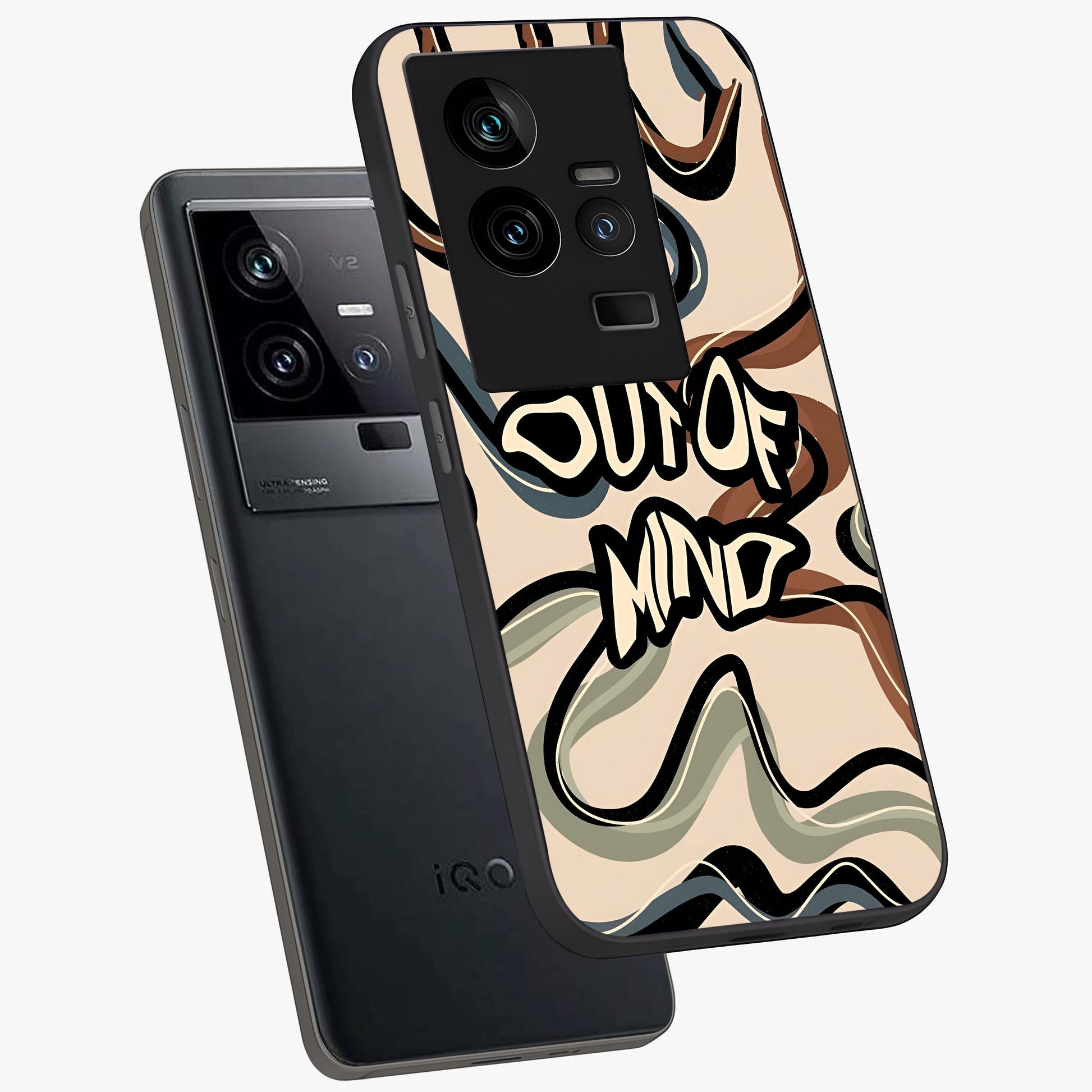 Out Of Mind Glass Case displayed in angled mockup highlighting bold statement design with modern artistic aesthetic.