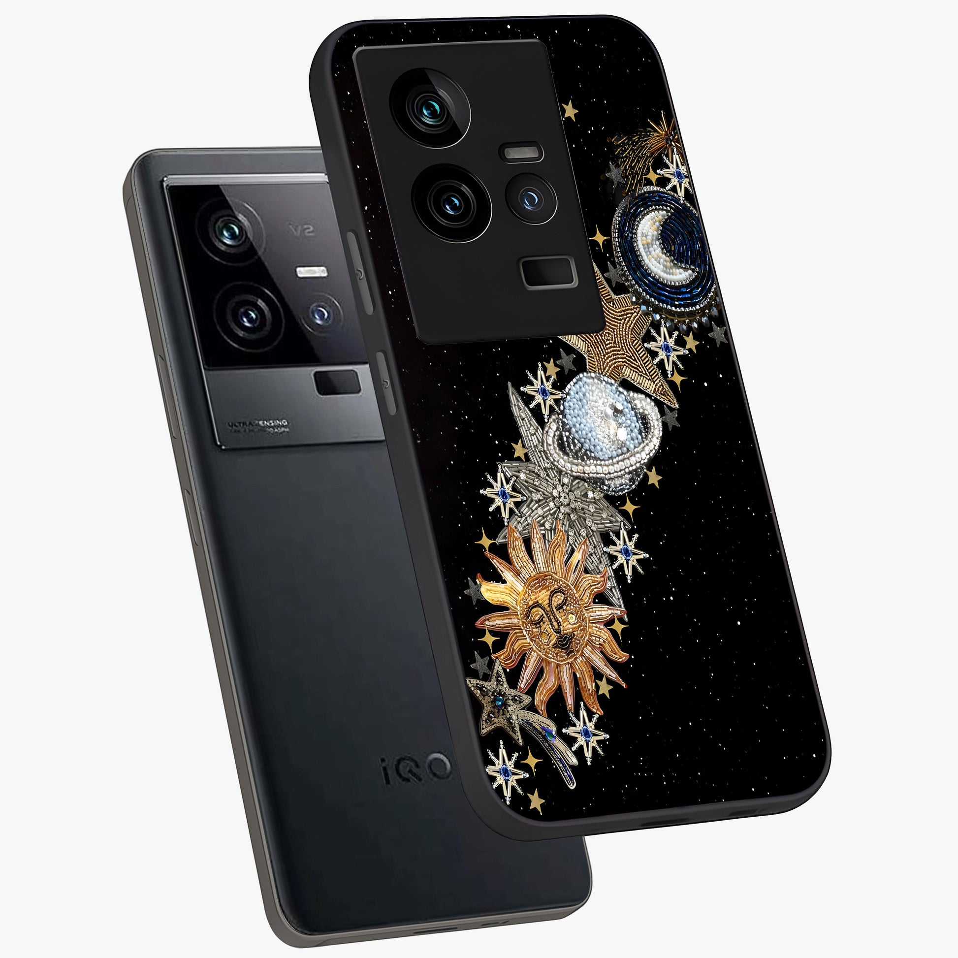 Pearls Universe Object Glass Case displayed in angled mockup highlighting celestial pearl design with dreamy aesthetic.