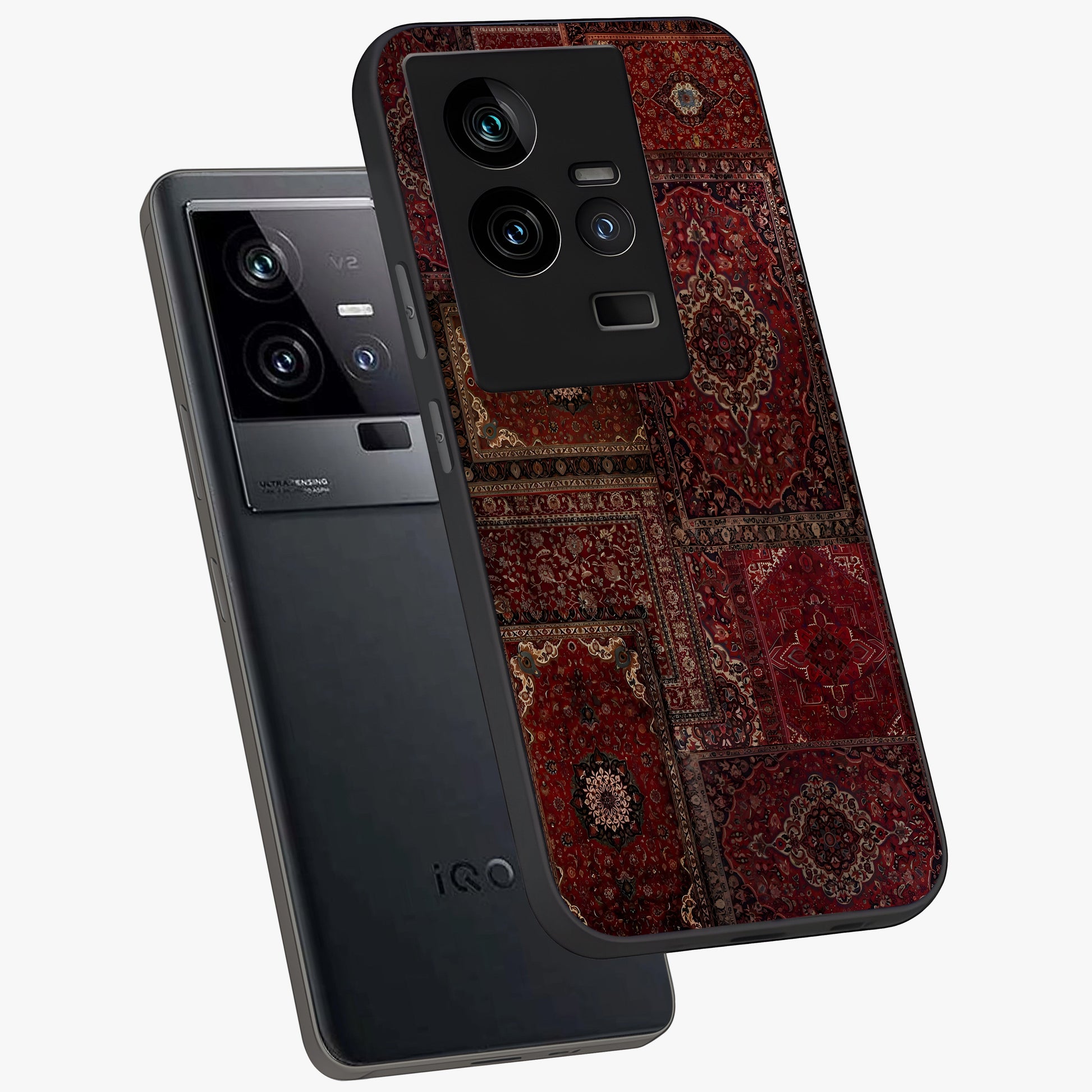 Persian Velvet Tale Glass Case displayed in angled mockup highlighting ornate textile inspired design with royal aesthetic.