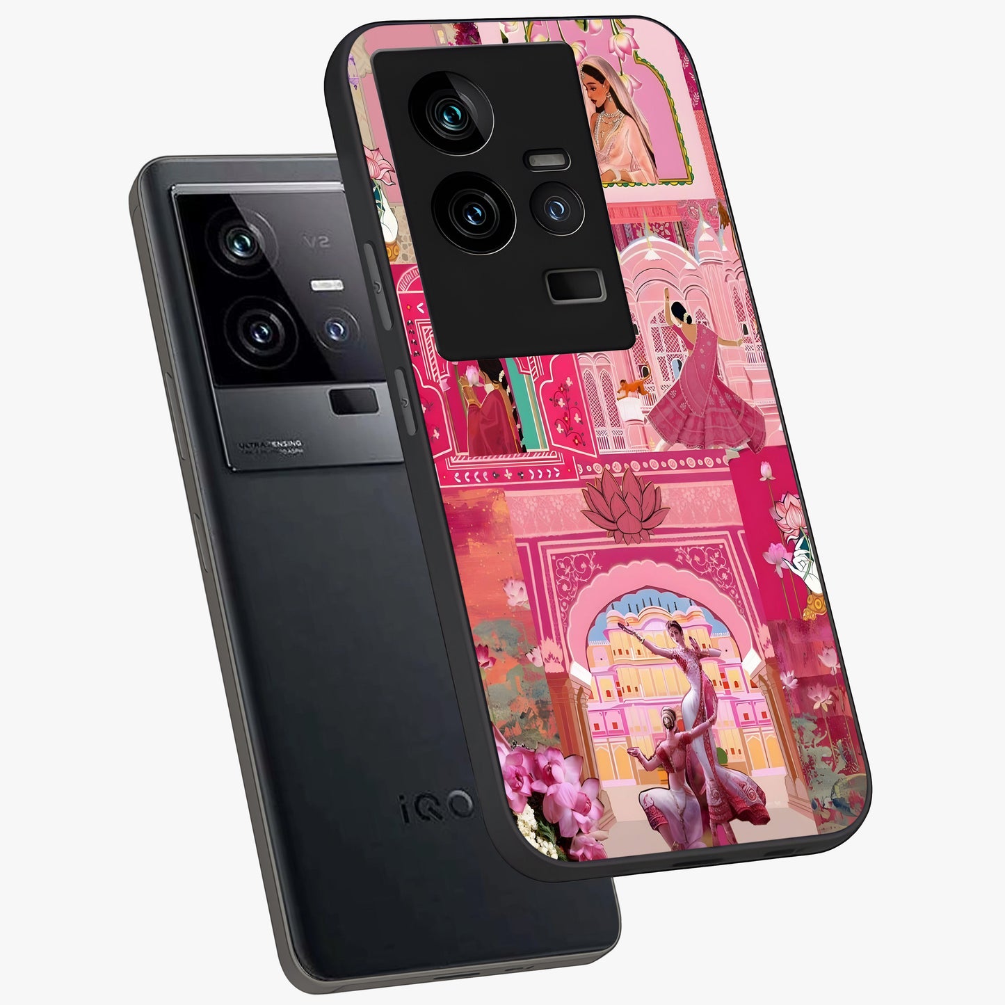 Pink Palace Muse Glass Case displayed in angled mockup highlighting dreamy palace illustration with soft pink aesthetic.
