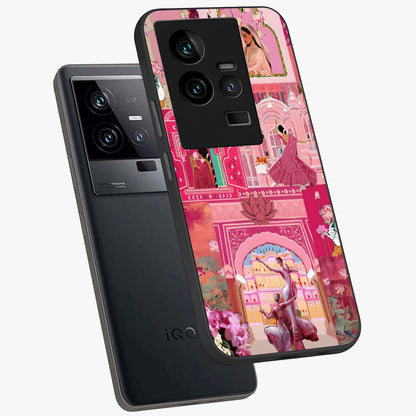 Pink Palace Muse Glass Case displayed in angled mockup highlighting dreamy palace illustration with soft pink aesthetic.