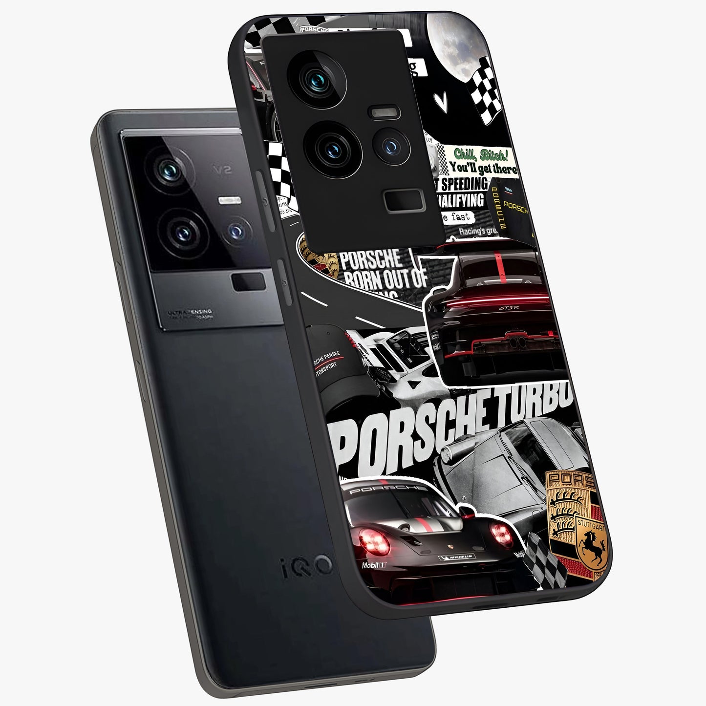 Porsche Racing Collage Glass Case displayed in angled mockup highlighting dynamic automotive design with bold racing aesthetic.