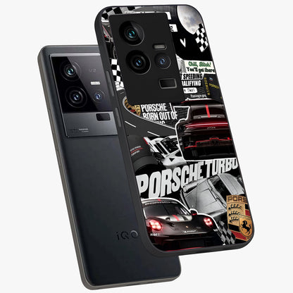 Porsche Racing Collage Glass Case displayed in angled mockup highlighting dynamic automotive design with bold racing aesthetic.
