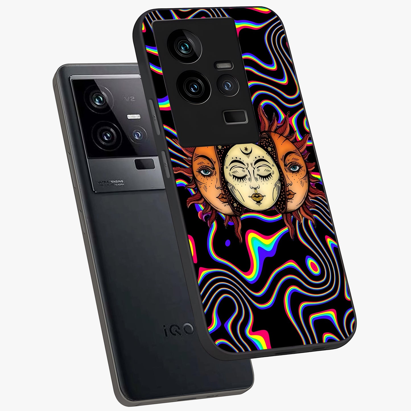 Psychedelic Sun Glass Case displayed in angled mockup highlighting vibrant abstract sun design with artistic aesthetic style.