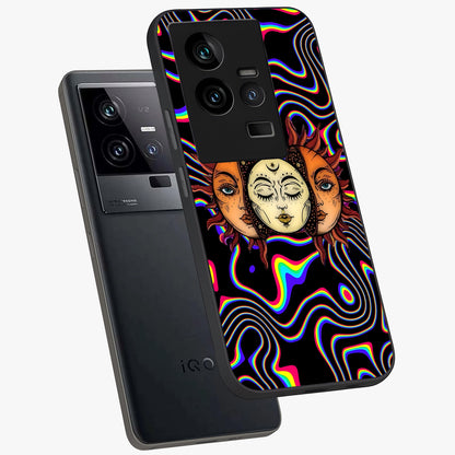 Psychedelic Sun Glass Case displayed in angled mockup highlighting vibrant abstract sun design with artistic aesthetic style.