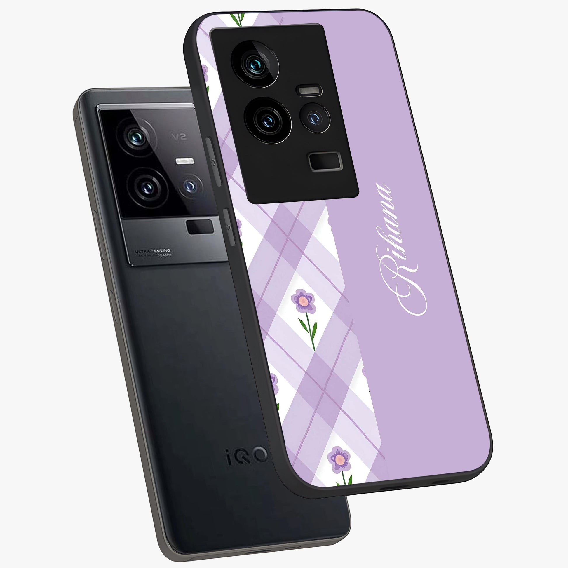 Purple Diamond Floral Glass Case displayed in angled mockup highlighting elegant purple flower design with decorative pattern.