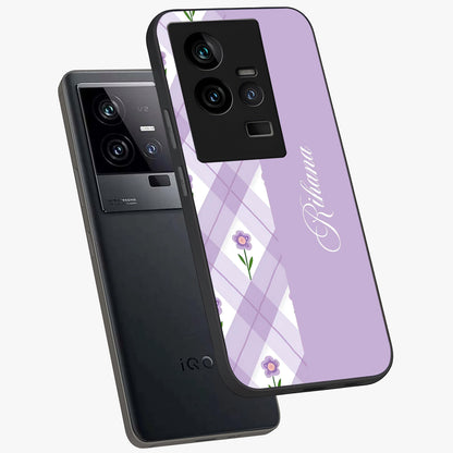 Purple Diamond Floral Glass Case displayed in angled mockup highlighting elegant purple flower design with decorative pattern.