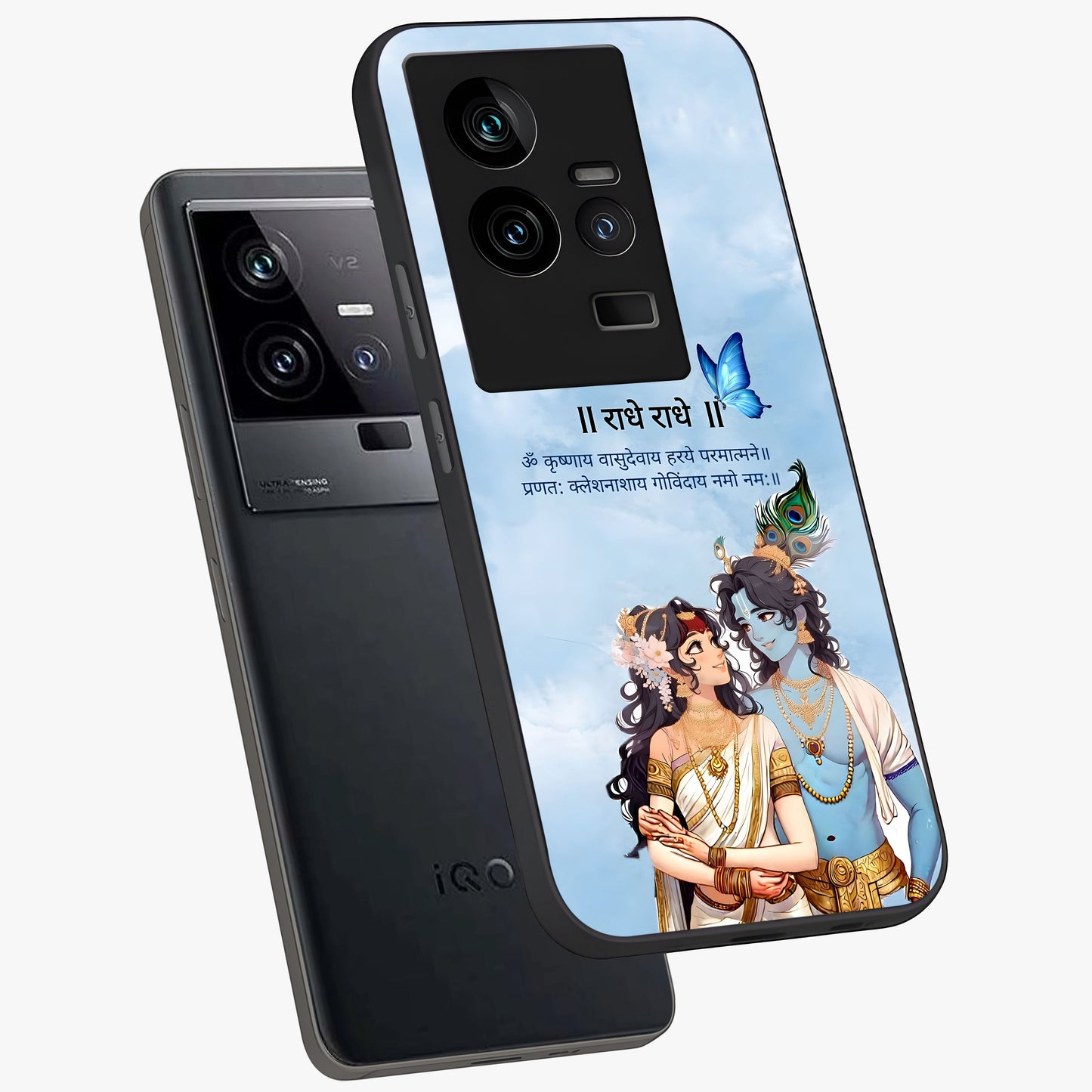 Radha Krishna Eternal Glass Case displayed in angled mockup highlighting divine Radha Krishna illustration with spiritual aesthetic.