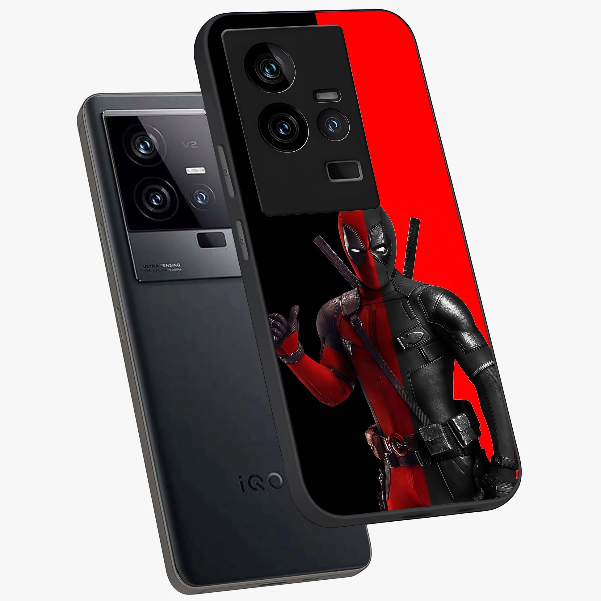 Red & Black Deadpool Theme Glass Case displayed in angled mockup highlighting vibrant superhero style illustration with action aesthetic.