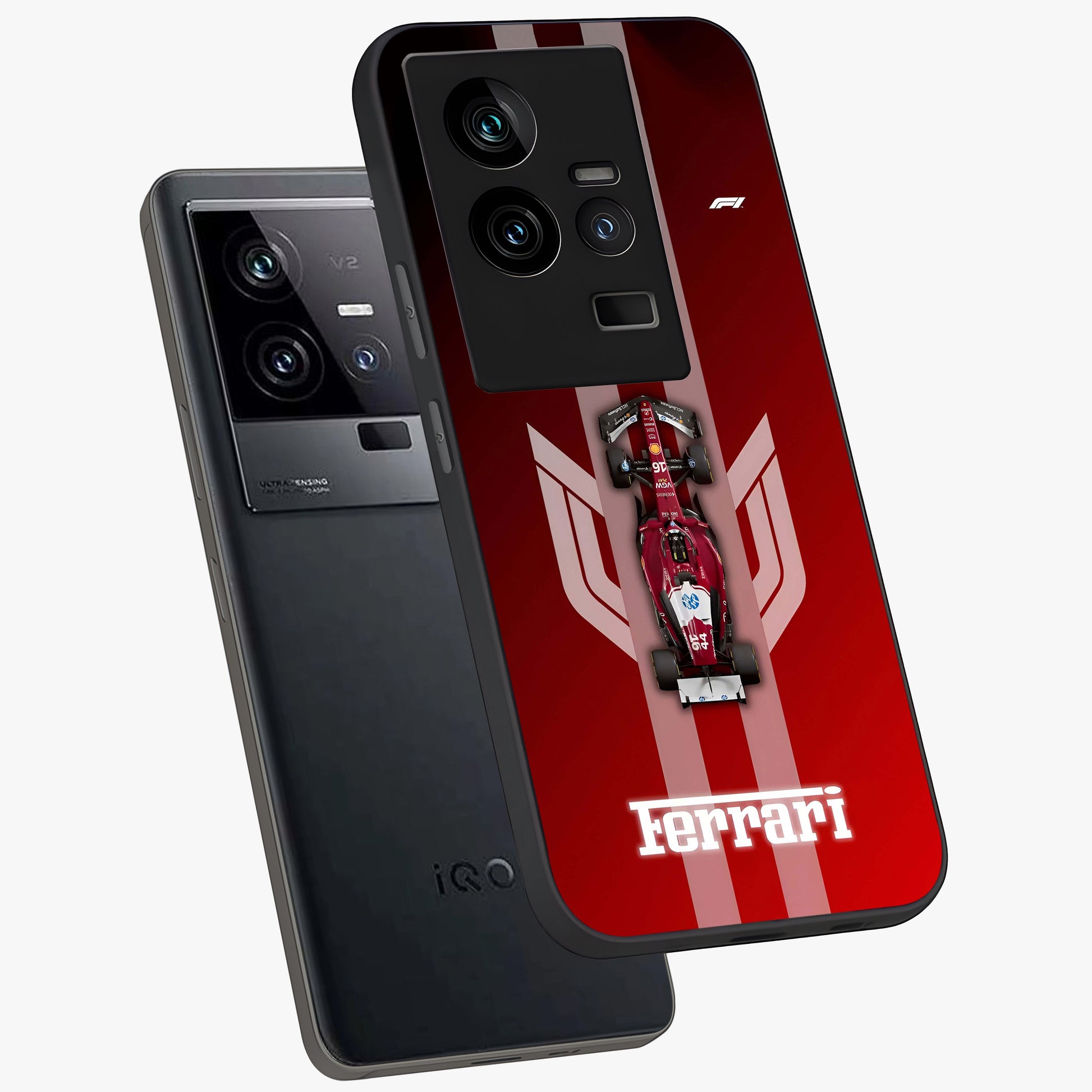 Red Ferrari F1 Vertical Glass Case displayed in angled mockup highlighting high speed racing design with bold automotive aesthetic.