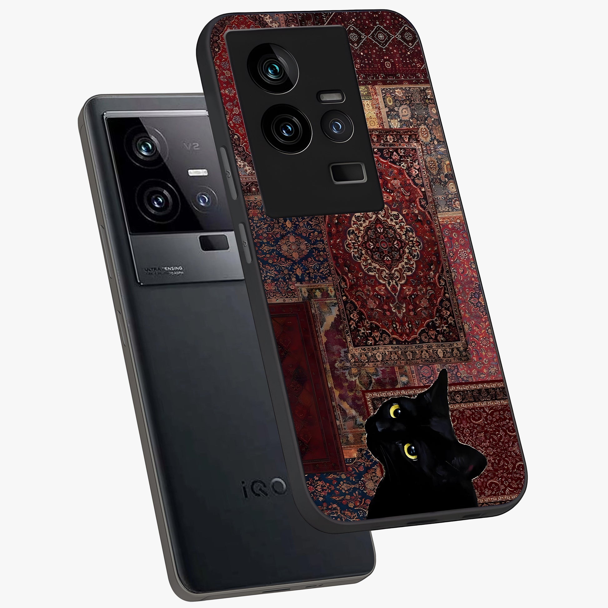 Regal Magic Cat Apple Glass Case displayed in angled mockup highlighting whimsical feline design with fantasy aesthetic.