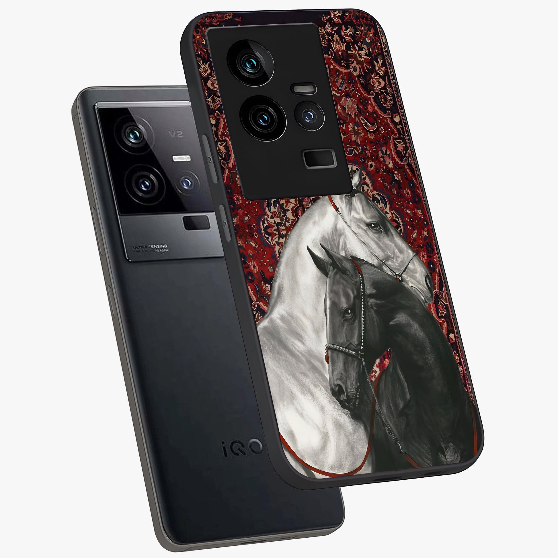 Regal Stallion Tapestry Glass Case displayed in angled mockup highlighting royal stallion design with decorative heritage aesthetic.