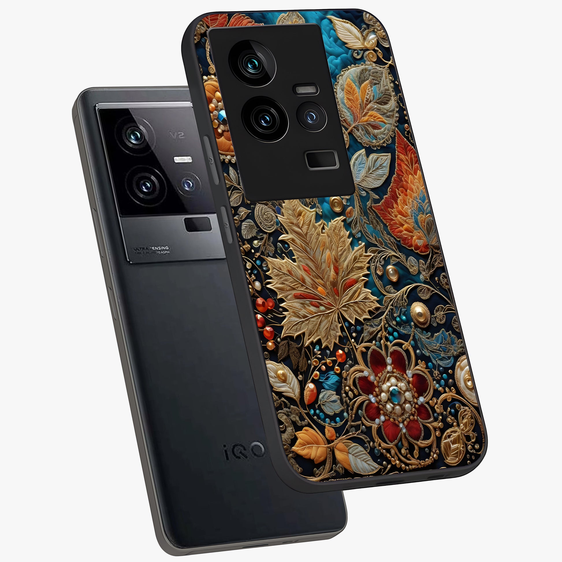 Royal Jewel Garden Glass Case displayed in angled mockup highlighting vibrant jewel inspired floral design with elegant aesthetic.