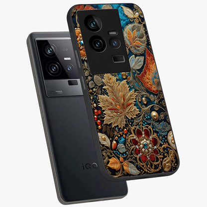 Royal Jewel Garden Glass Case displayed in angled mockup highlighting vibrant jewel inspired floral design with elegant aesthetic.