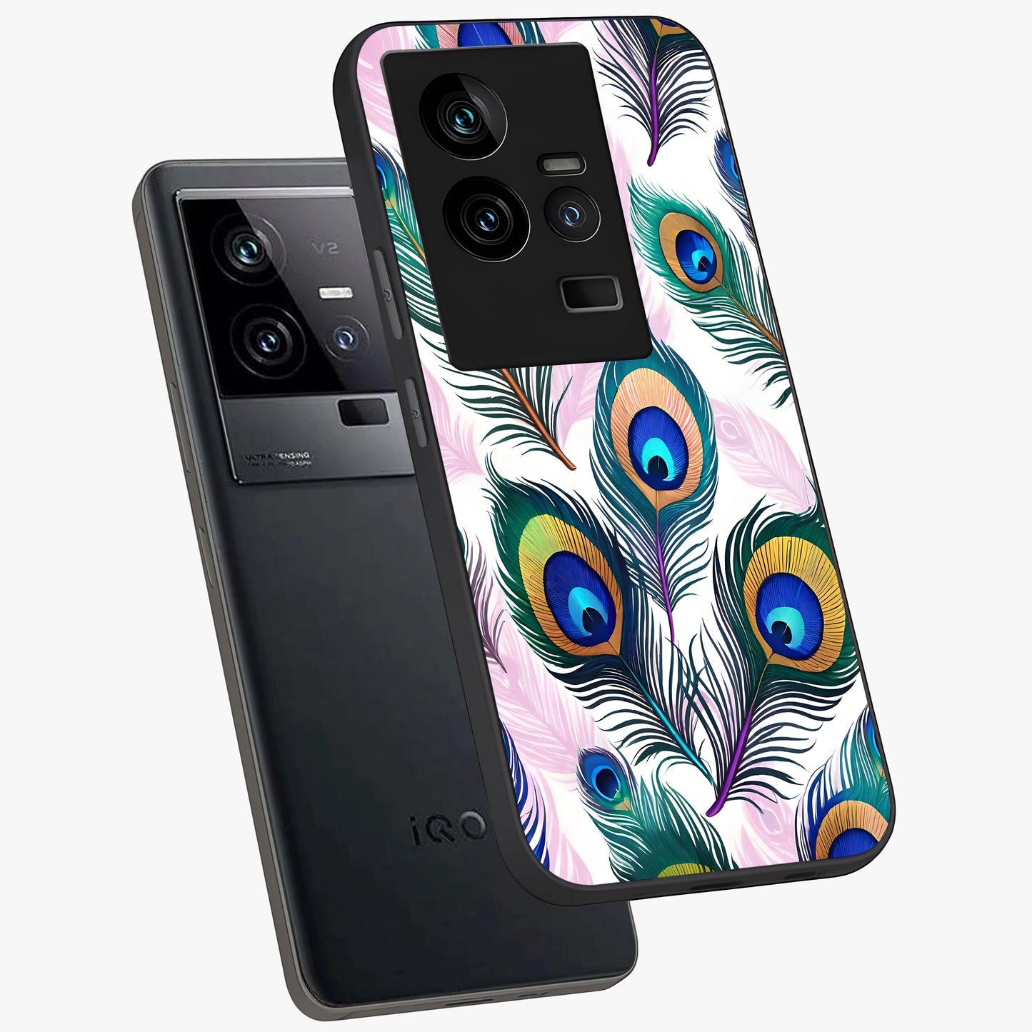 Royal Peacock Feathers Glass Case displayed in angled mockup highlighting vibrant feather pattern with regal aesthetic style.