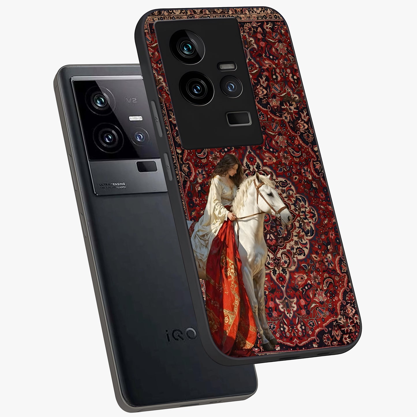 Royal Rider Tapestry Glass Case displayed in angled mockup highlighting traditional tapestry design with royal heritage aesthetic.