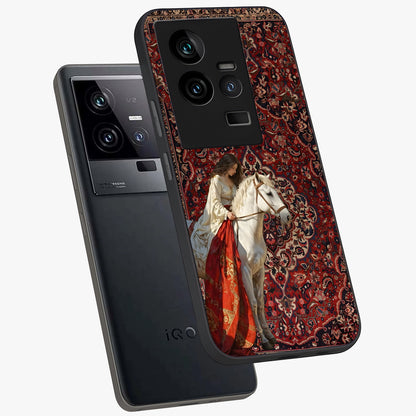 Royal Rider Tapestry Glass Case displayed in angled mockup highlighting traditional tapestry design with royal heritage aesthetic.