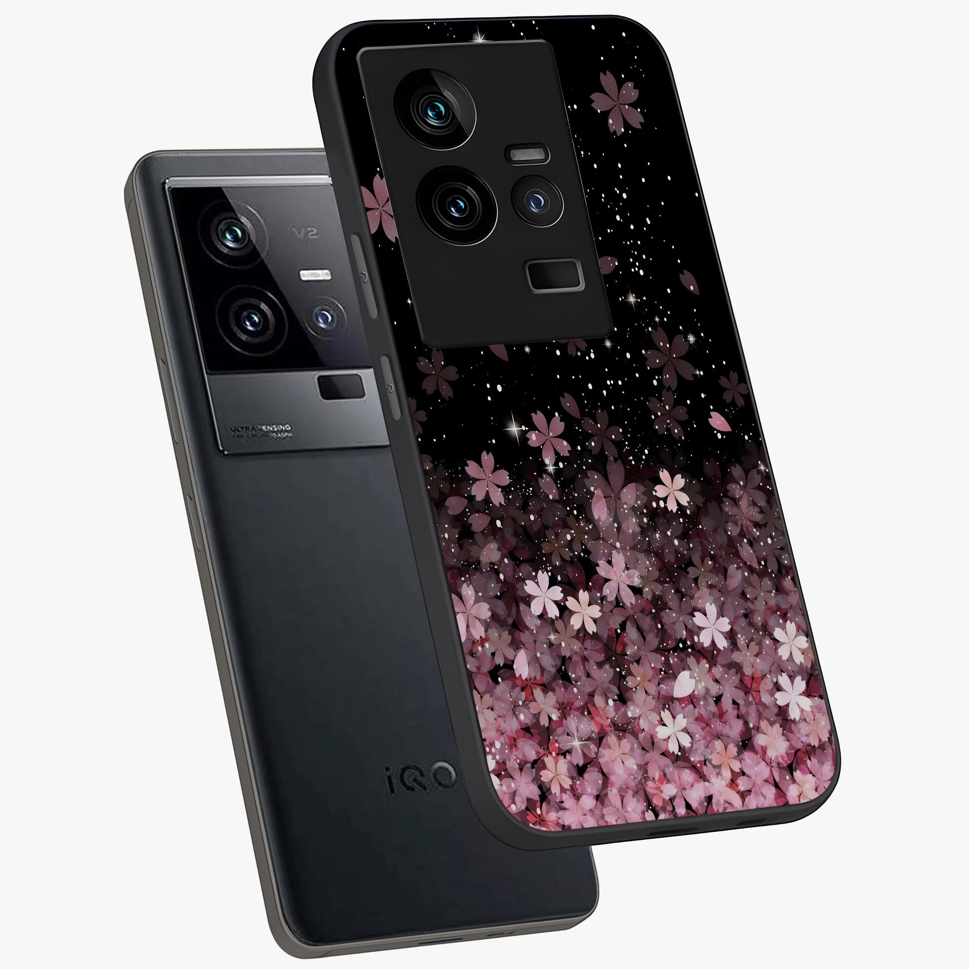 Small Starry Flowers Glass Case displayed in angled mockup highlighting tiny flower pattern with celestial aesthetic style.